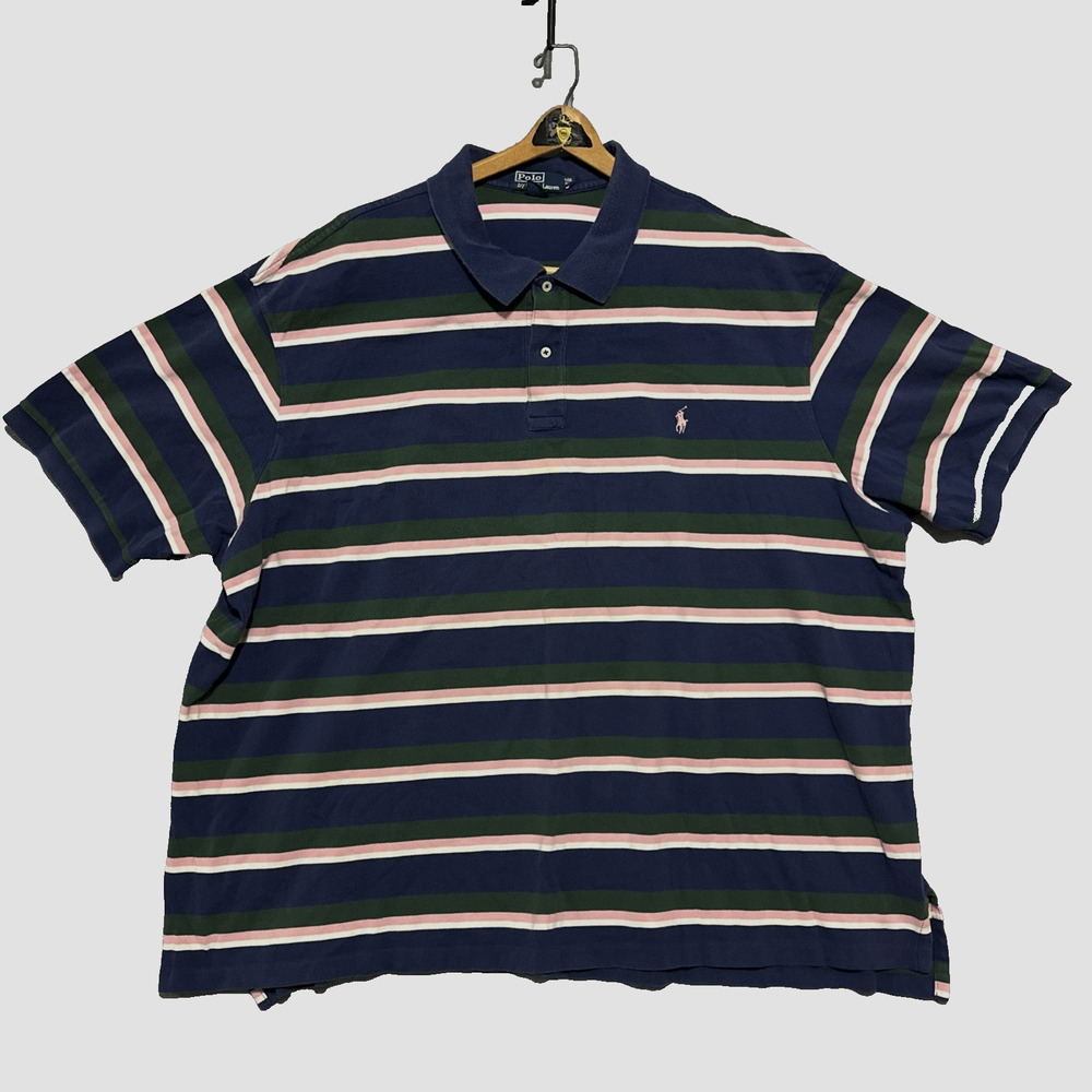 Vintage Polo Ralph Lauren Shirt Men 5XB Blue Multicolor Stripe Cotton Pink Pony